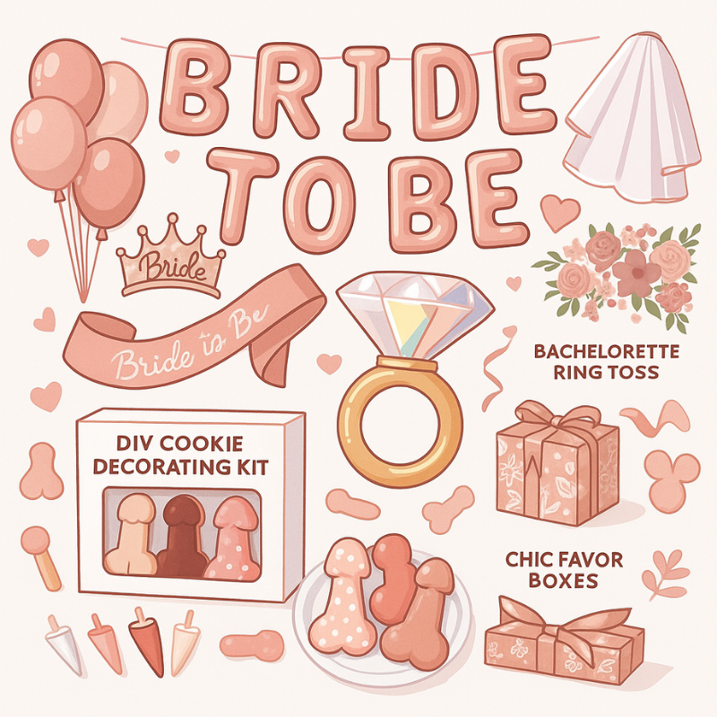 Rose-gold and pink bachelorette essentials: ‘Bride to Be’ balloons, veil, flowers, ring toss, favor boxes, and a DIY penis cookie decorating kit.